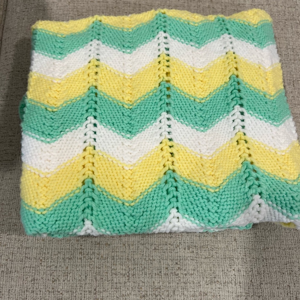 Chevron Knit Baby Blanket in Yellow, Green, and White